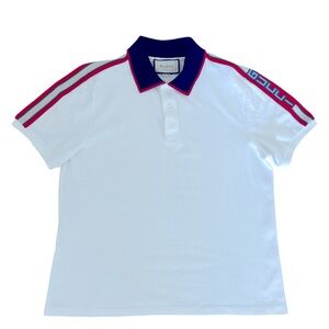 Gucci Men White Polo Shirt with Navy Collar and Striped Trim XL